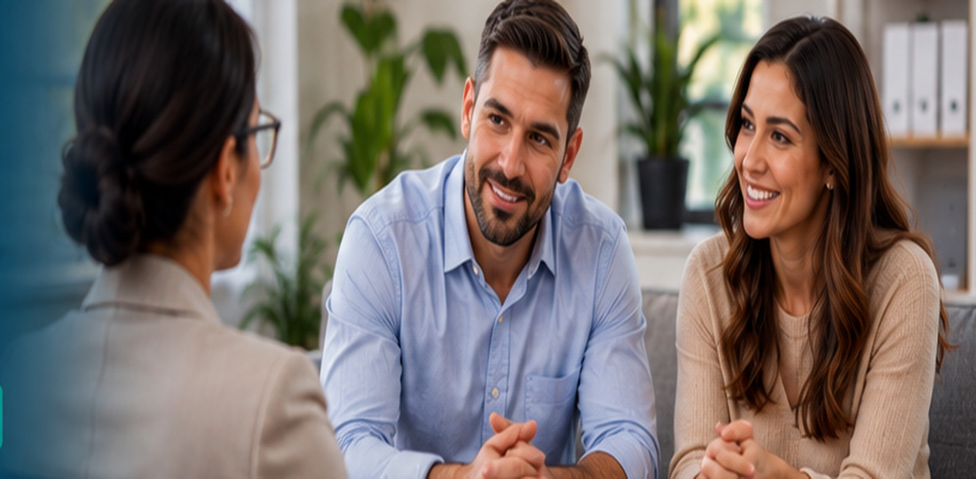 White or Hispanic couple sitting across from a therapist during a couples counseling consultation in Coral Springs Florida