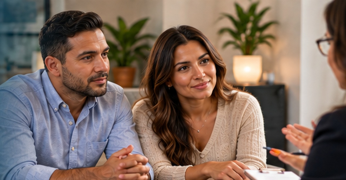 Hispanic couple sitting across from a therapist during a couples counseling consultation in Pompano Beach Florida
