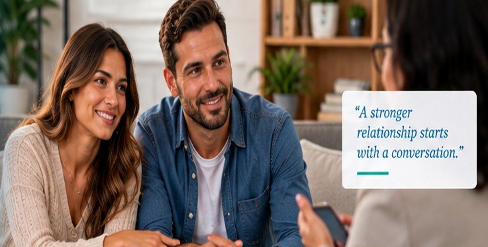 Hispanic couple sitting across from a therapist discussing Couples Counseling Riverview FL