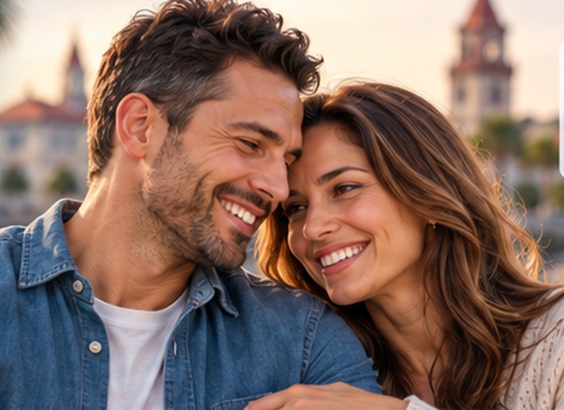 Smiling Hispanic or white couple together near historic St Augustine Florida, illustrating couples therapy