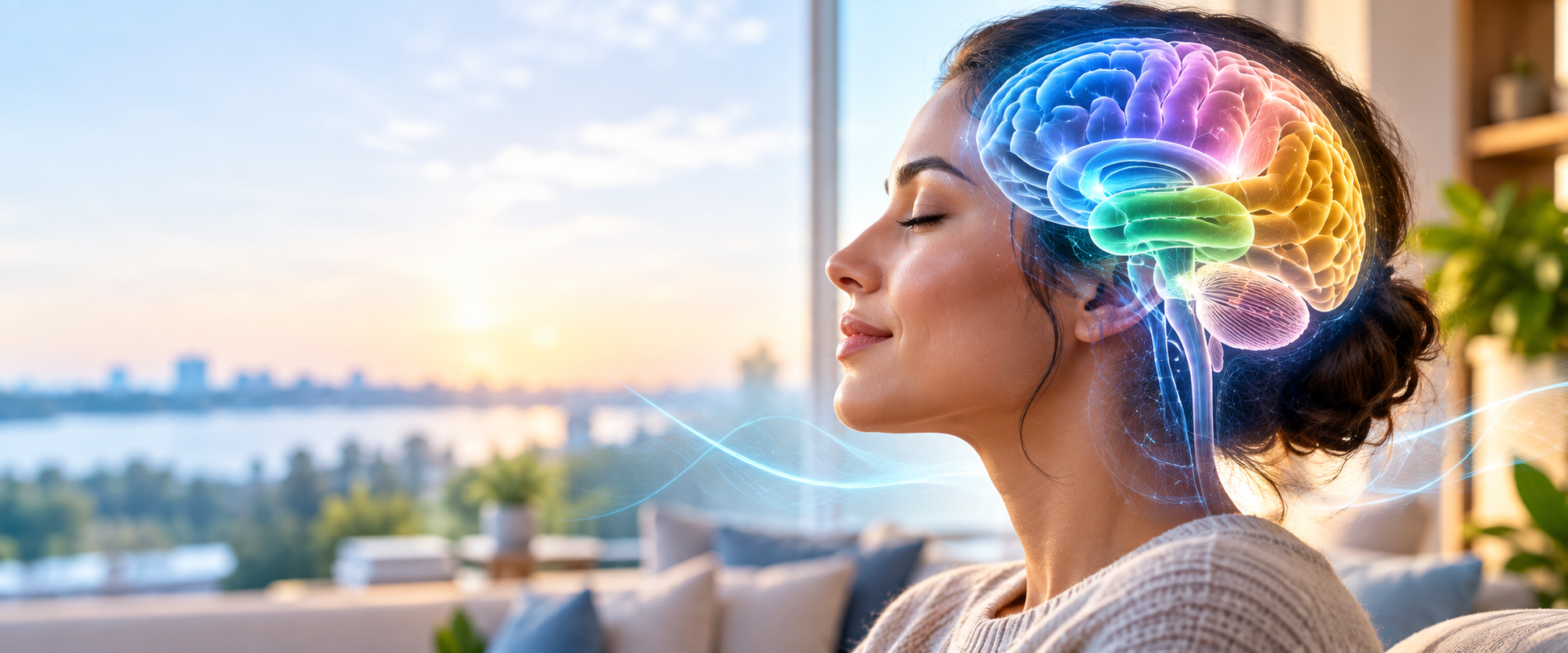 Clear Minds Counselors homepage banner showing a woman with a colorful illustration of the human brain representing mental wellness